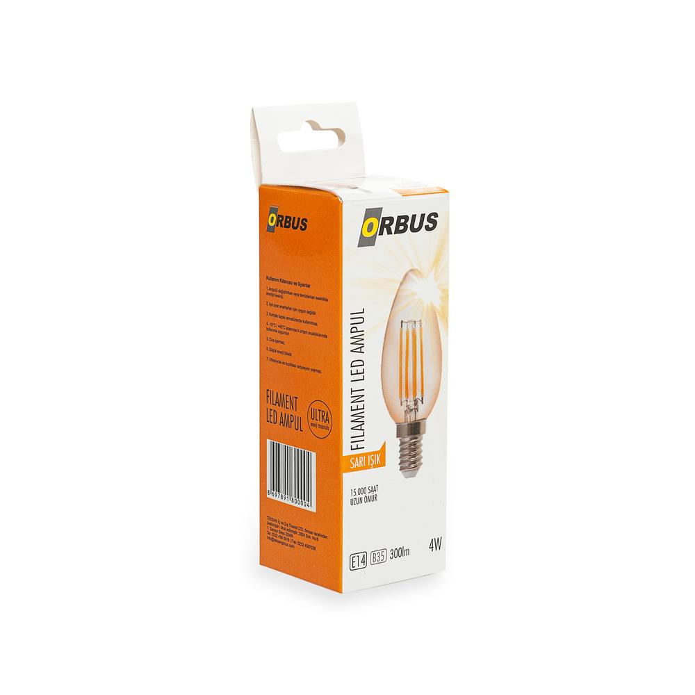  Orbus C37 4W Filament Bulb Amber E14 300Lm Ra80 220 - 240V/50Hz Ampul - 2200K Sarı Işık