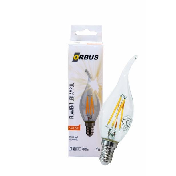  Orbus C37 4W Filament Bulb Clear Kıvrık Uç E14 400Lm Ra80 220- 240V/50Hz Ampul - 2700K Sarı Işık