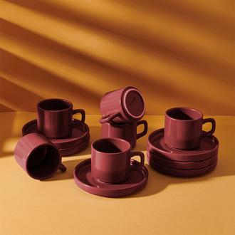 Keramika Stackable 12 Parça Çay Fincan Seti - Kırmızı